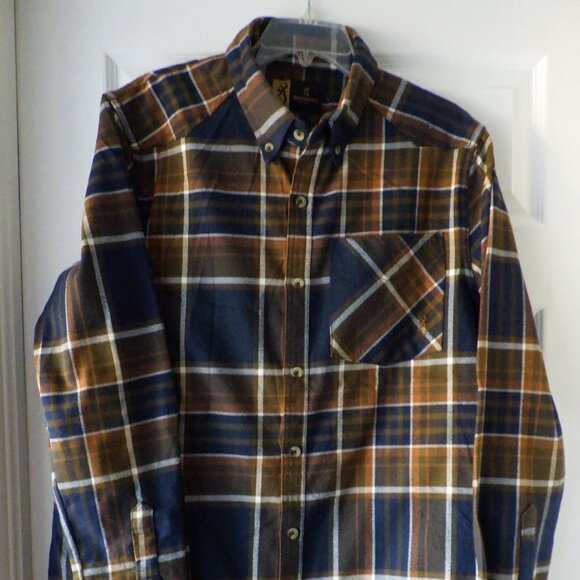Browning Men's Long Sleeve Shirt Jacket Shacket Size Lg Plaid Brown Blue Utility - Picture 2 of 10